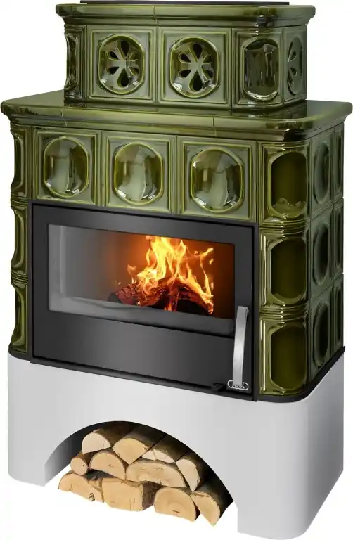 ABX KARELIE P TV kachlová kamna 7,3-16,5kW, s výměníkem, rovný sokl, zelená Lage Kosten