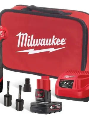 Koop Online MILWAUKEE M12 FDGA-422B aku úhlová vřetenová bruska 50 mm, 12 V, 2x akumulátor 2,0 Ah + 4,0 Ah, nabíječka, taška