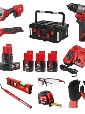 MILWAUKEE M12 SET 3 aku řezák + aku nůžky + příklepová vrtačka + kleště + odhrotovač + vodováha + pásmo + 3x aku 3,0Ah + aku 6,0Ah + nabíječka + rukavice + brýle Finale Výprodej